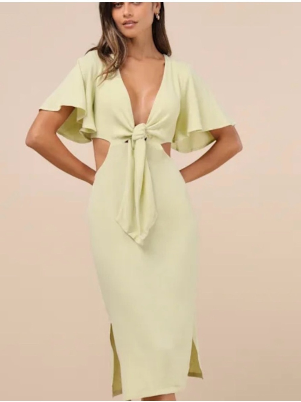 Lulus Summer Journey Light Green Tie-Front Cutout Midi Dress